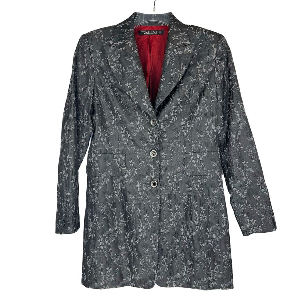 Vtg Tahari Floral Jacguard Single Breasted Blazer 90s Long Jacket Women 10